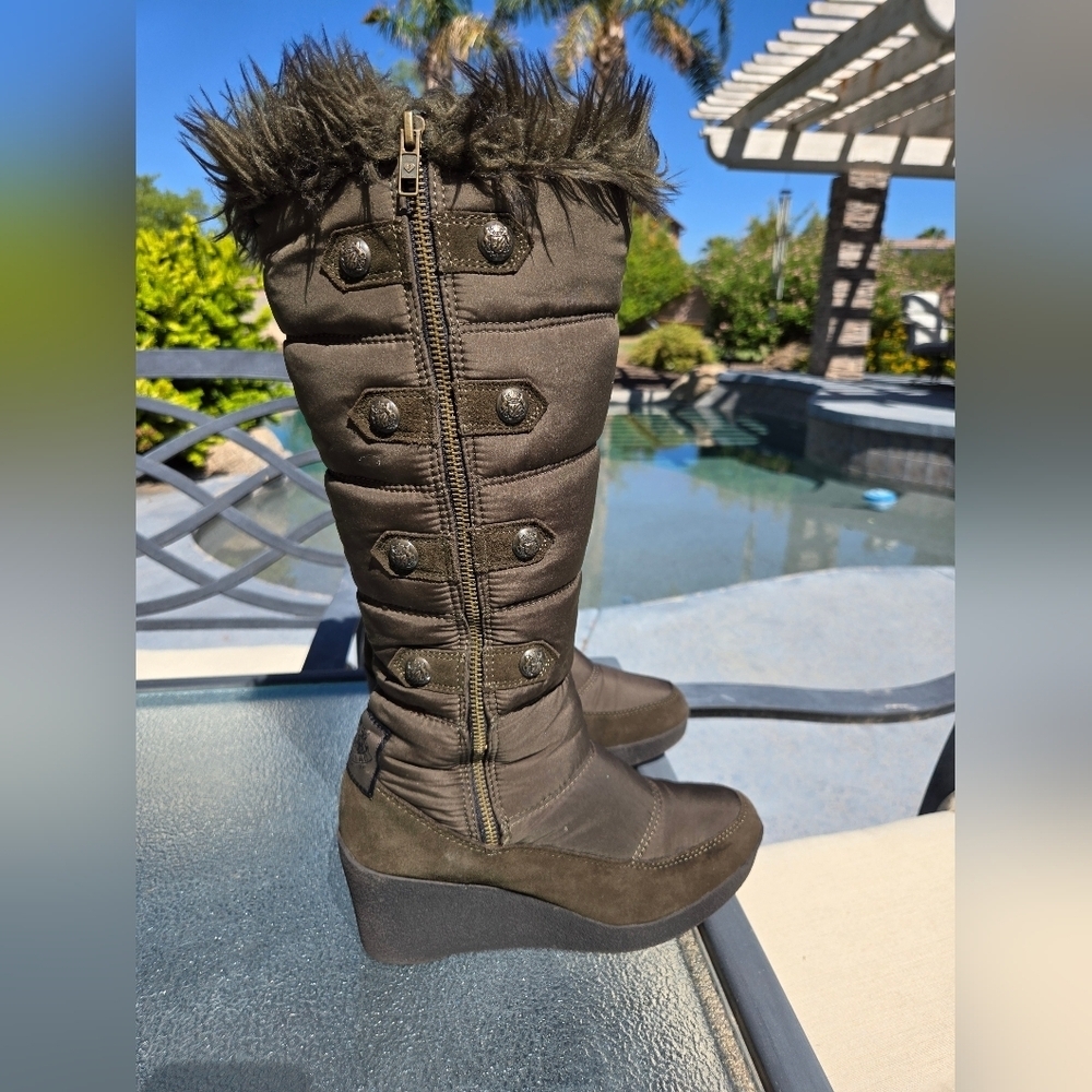 Vintage Juicy Couture Sz 10 olive green knee-high WEDGE Heel boot faux fur trim